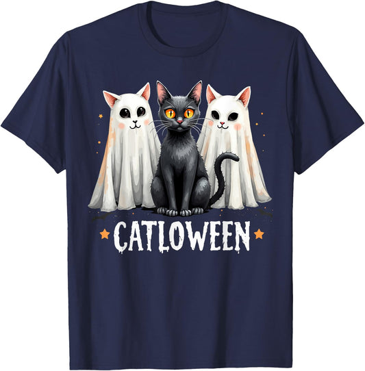 Catloween Cute Ghost Cats and Black Cat Halloween T-Shirt - T-Shirt | Navy