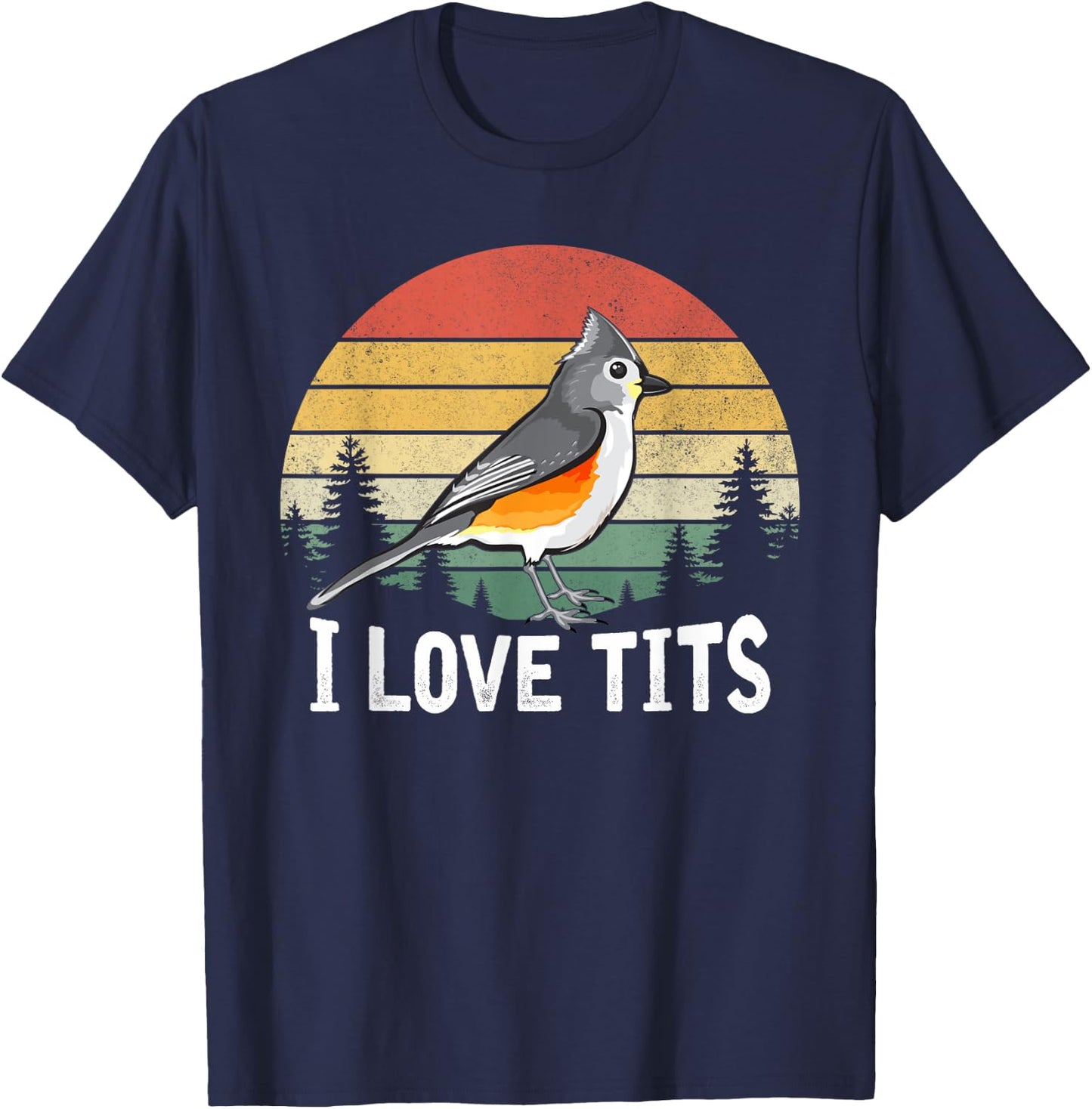 Retro Tufted Titmouse Bird Sunset Gift Funny T-Shirt - T-Shirt | Navy