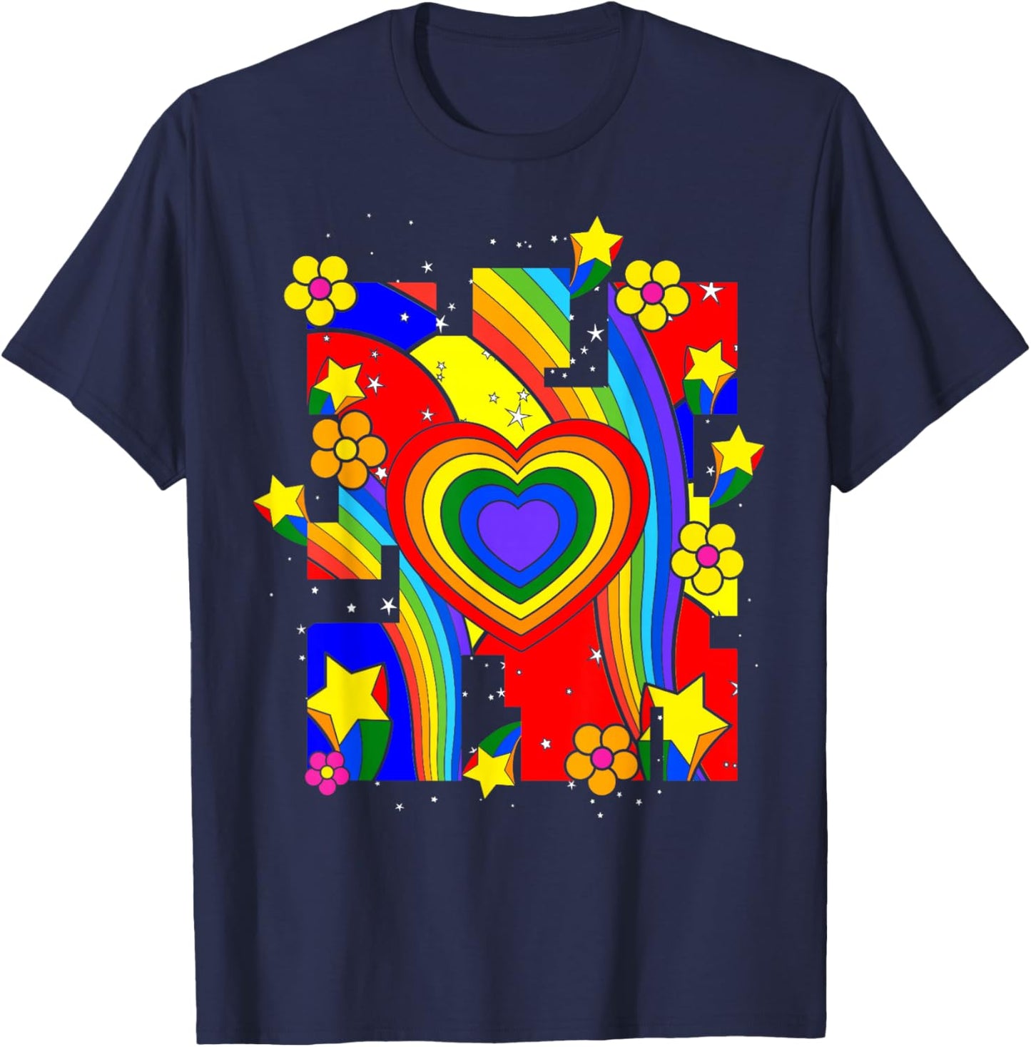 Kidcore Aesthetic Rainbow Heart Flowers Retro 80s 90s Groovy T-Shirt - T-Shirt | Navy