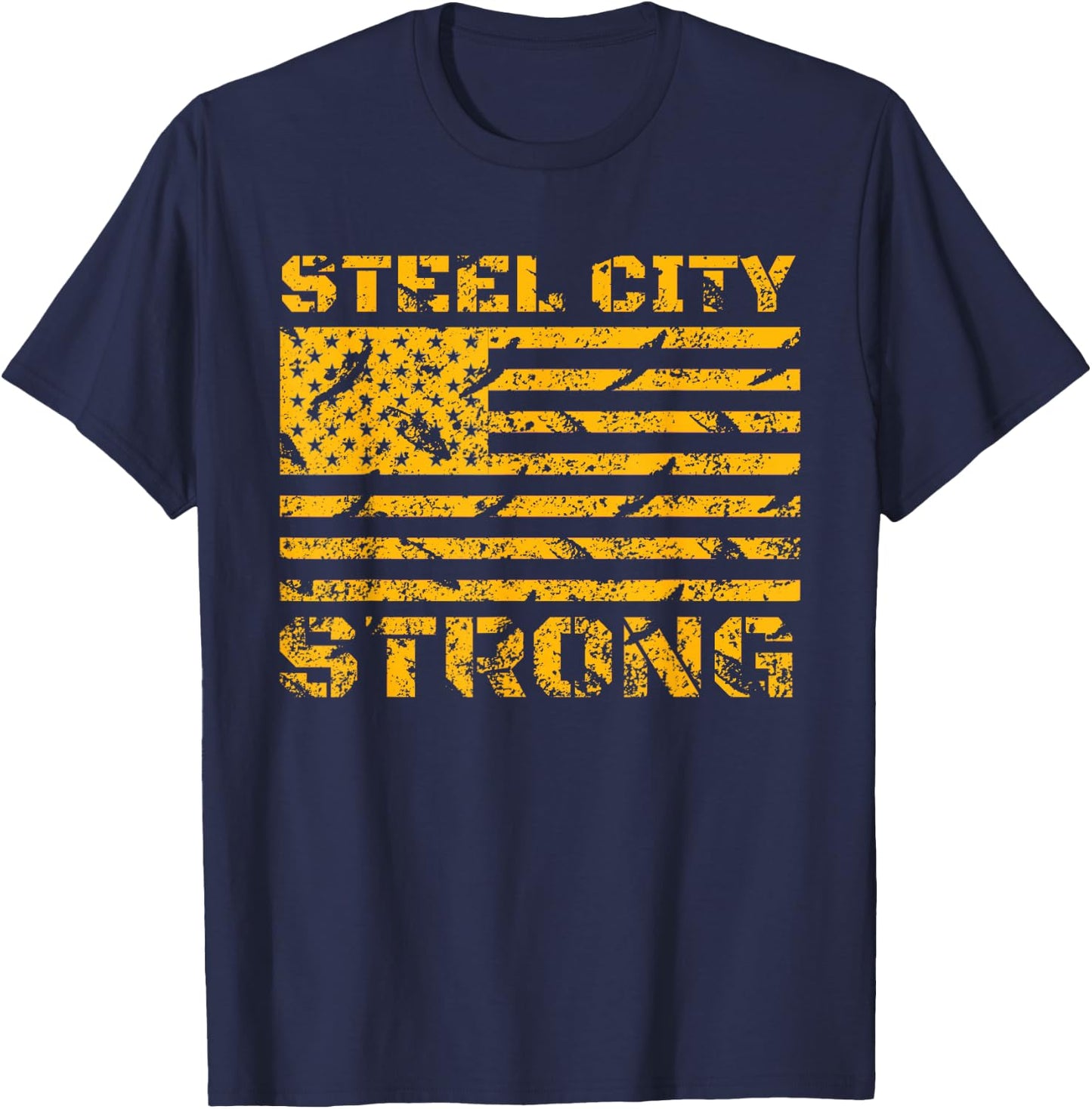 Pittsburgh Steel City Strong American Flag Vintage T-Shirt - T-Shirt | Navy