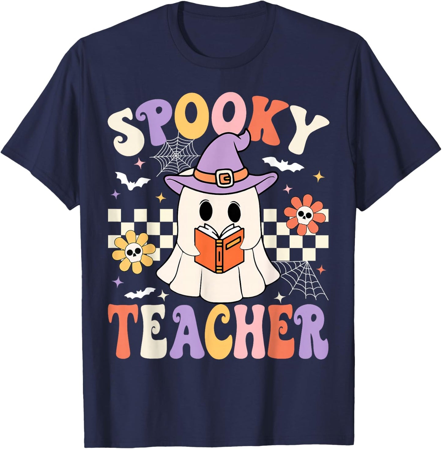 Groovy Spooky Teacher Ghost Retro Floral Teacher Halloween T-Shirt - T-Shirt | Navy