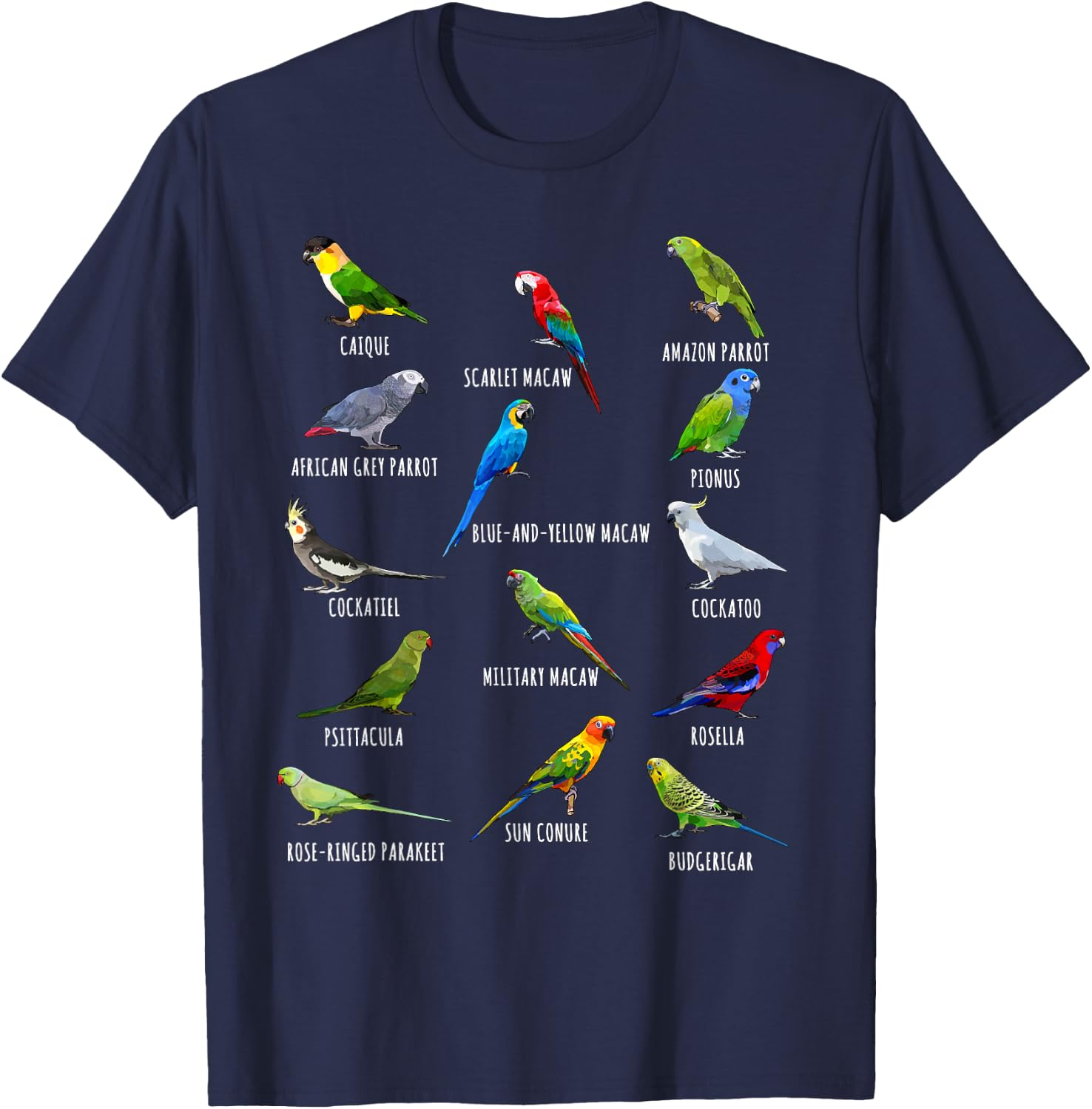 Different Parrot Species Biology Types Bird Identification T-Shirt - T-Shirt | Navy