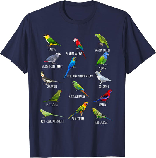 Different Parrot Species Biology Types Bird Identification T-Shirt - T-Shirt | Navy