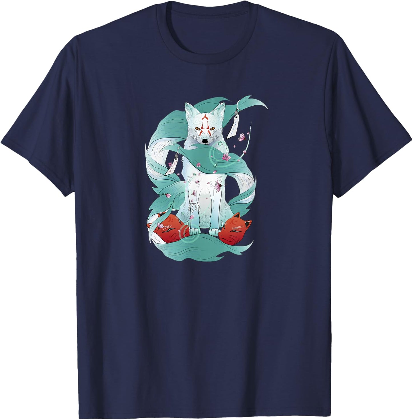 Nine-Tailed Fox Kitsune Japanese Kami Inari Fox Spirit Yokai T-Shirt - T-Shirt | Navy