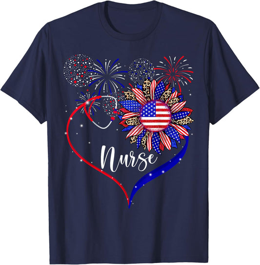 Patriotic Nurse 4th Of July American Flag Sunflower Love T-Shirt - T-Shirt | Navy