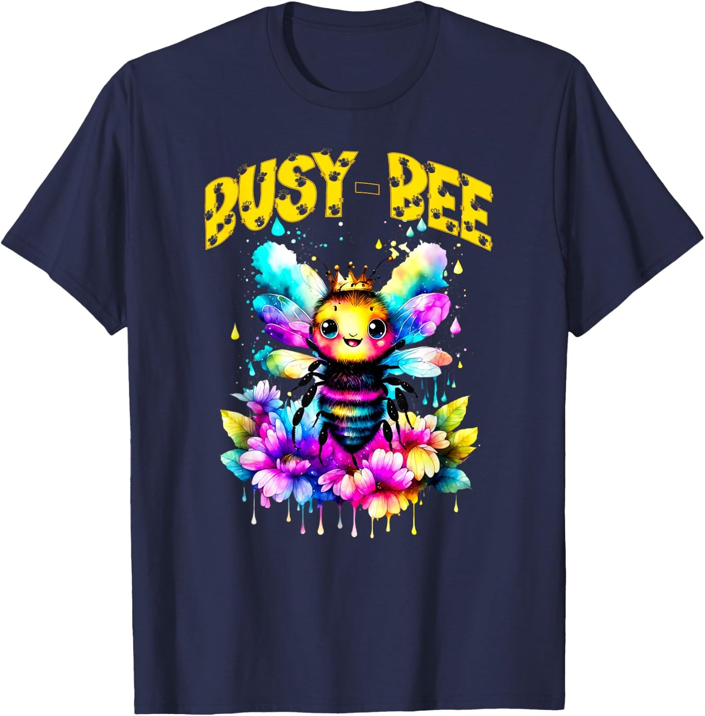 Cute Busy-Bee Cartoon Watercolor Bumble Bee T-Shirt - T-Shirt | Navy