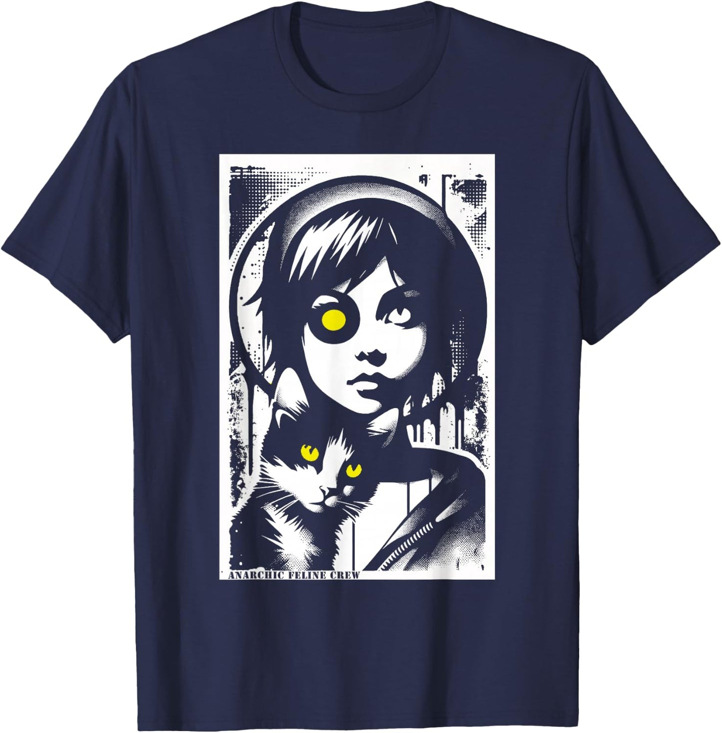 Punk Girl and Cat Graffiti Grunge 90s Distressed Vintage T-Shirt - T-Shirt | Navy
