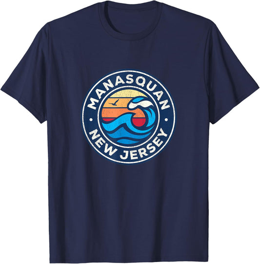 Manasquan New Jersey NJ Vintage Nautical Waves Design T-Shirt - T-Shirt | Navy
