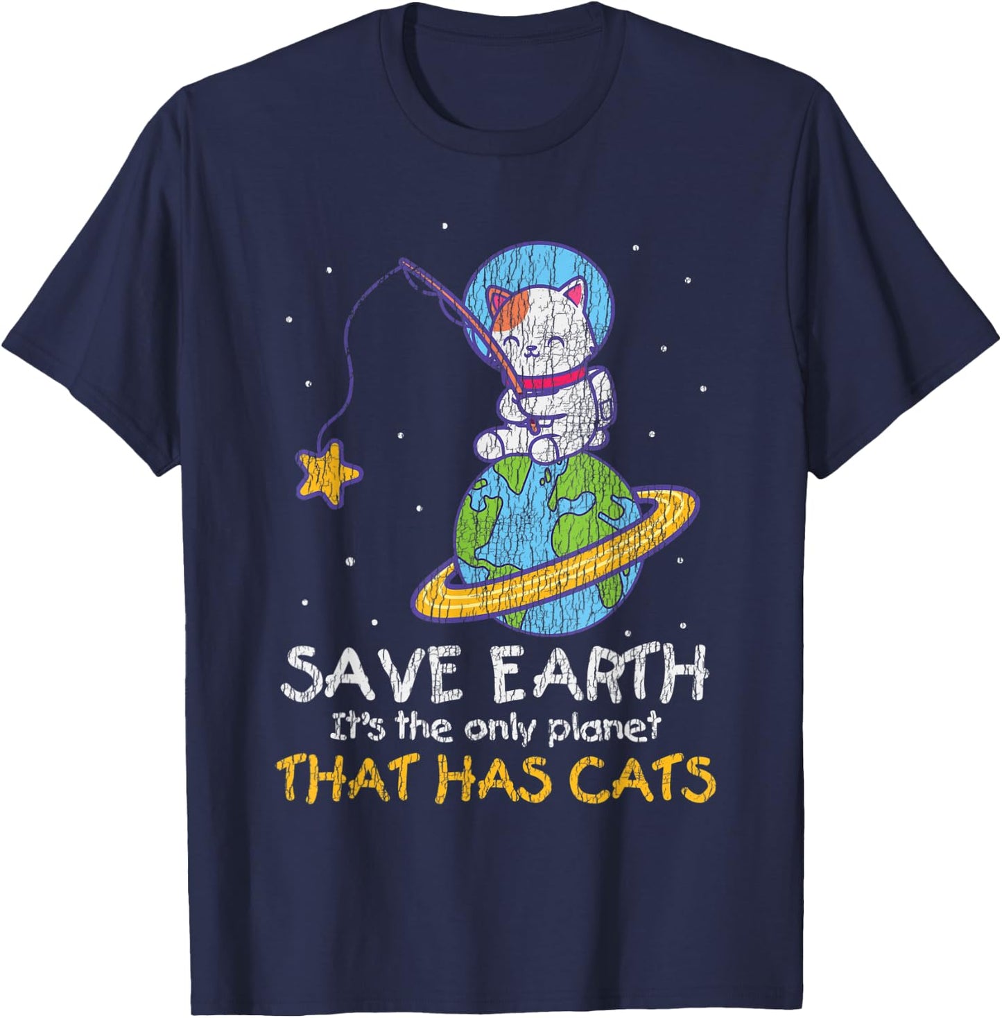 Vintage Save Earth That Has Cat Funny Earth Day Cat Lover T-Shirt - T-Shirt | Navy