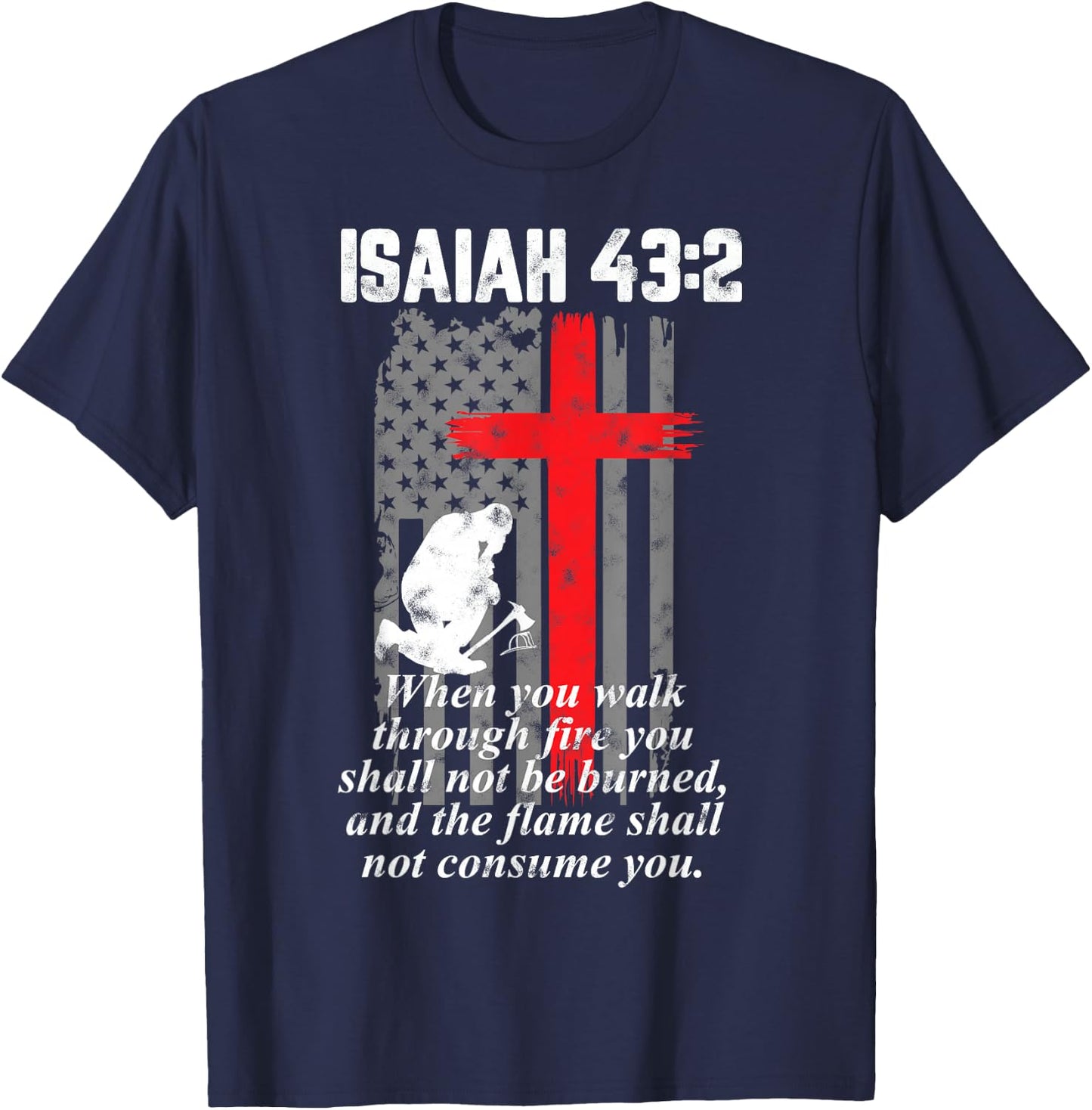 Thin Red Line Firefighter Cross Bible Verse American Flag Small T-Shirt - T-Shirt | Navy