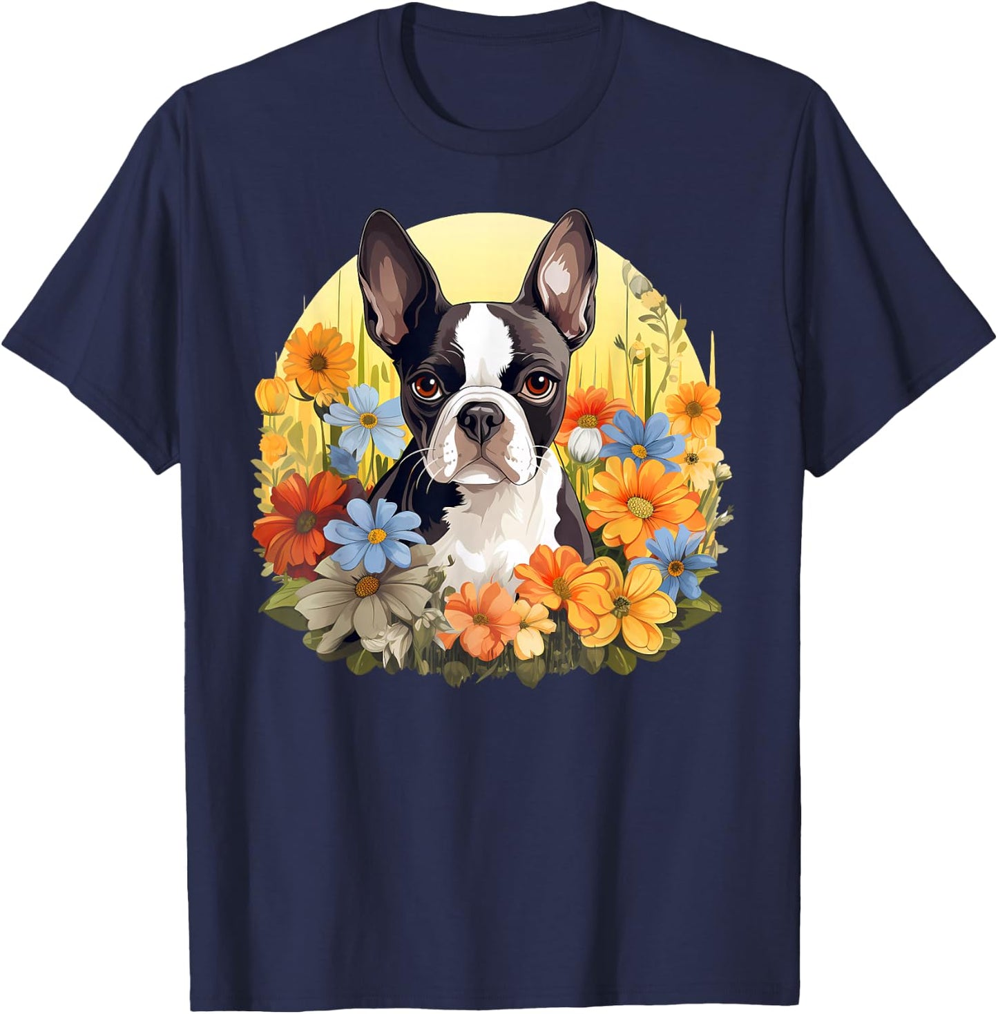 Cute Boston Terrier Spring Flower Garden Colorful Puppy Dog T-Shirt - T-Shirt | Navy