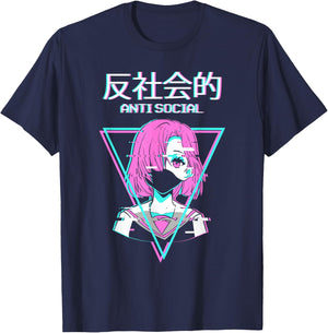 Antisocial Vaporwave Anime Girl Japanese Indie Old T-Shirt - T-Shirt | Navy
