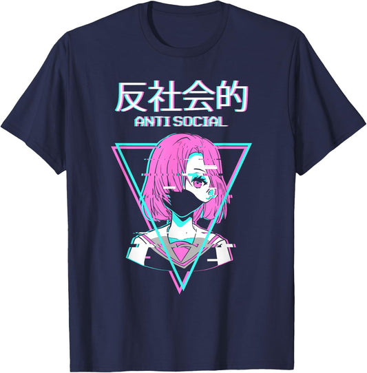 Antisocial Vaporwave Anime Girl Japanese Indie Old T-Shirt - T-Shirt | Navy