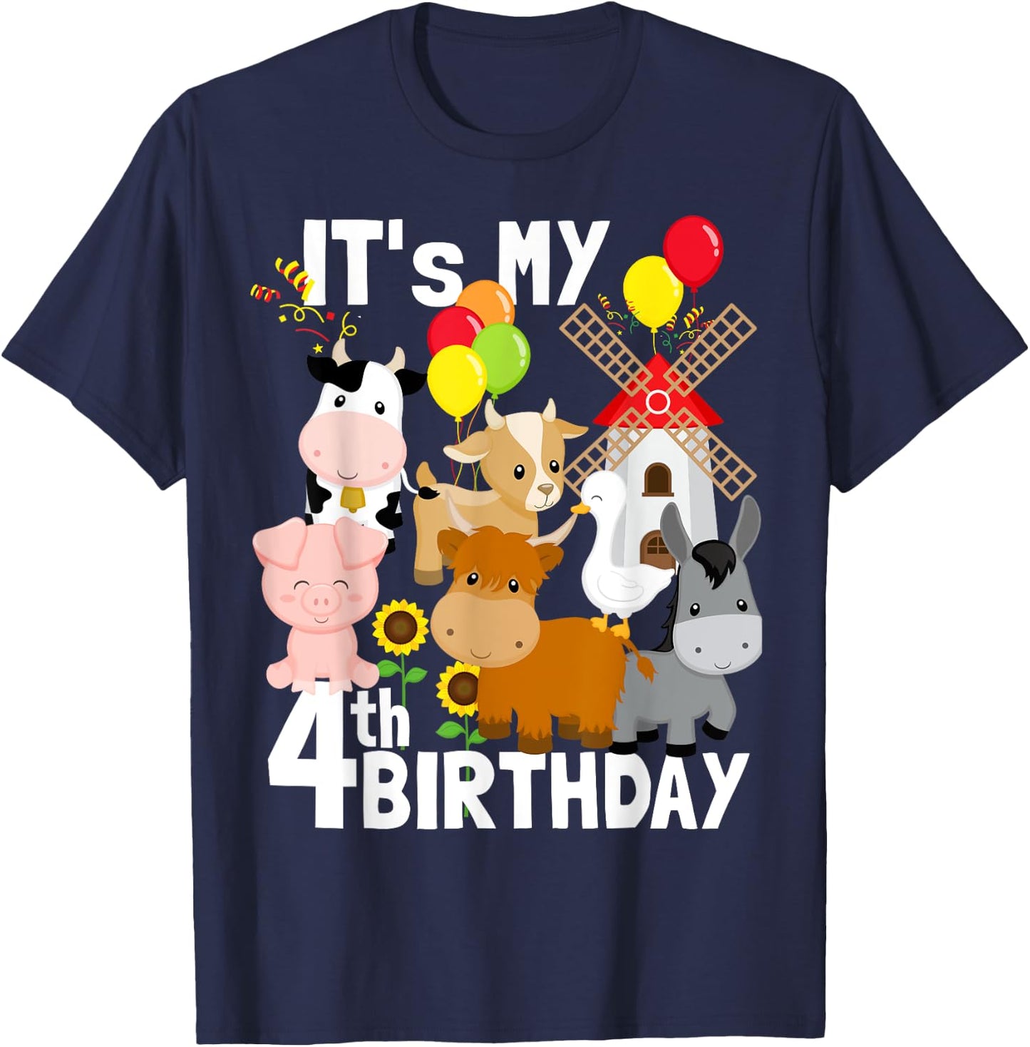 Farm Animals 4 Year Old It's My 4th Birthday Party Farm T-Shirt - T-Shirt | Navy
