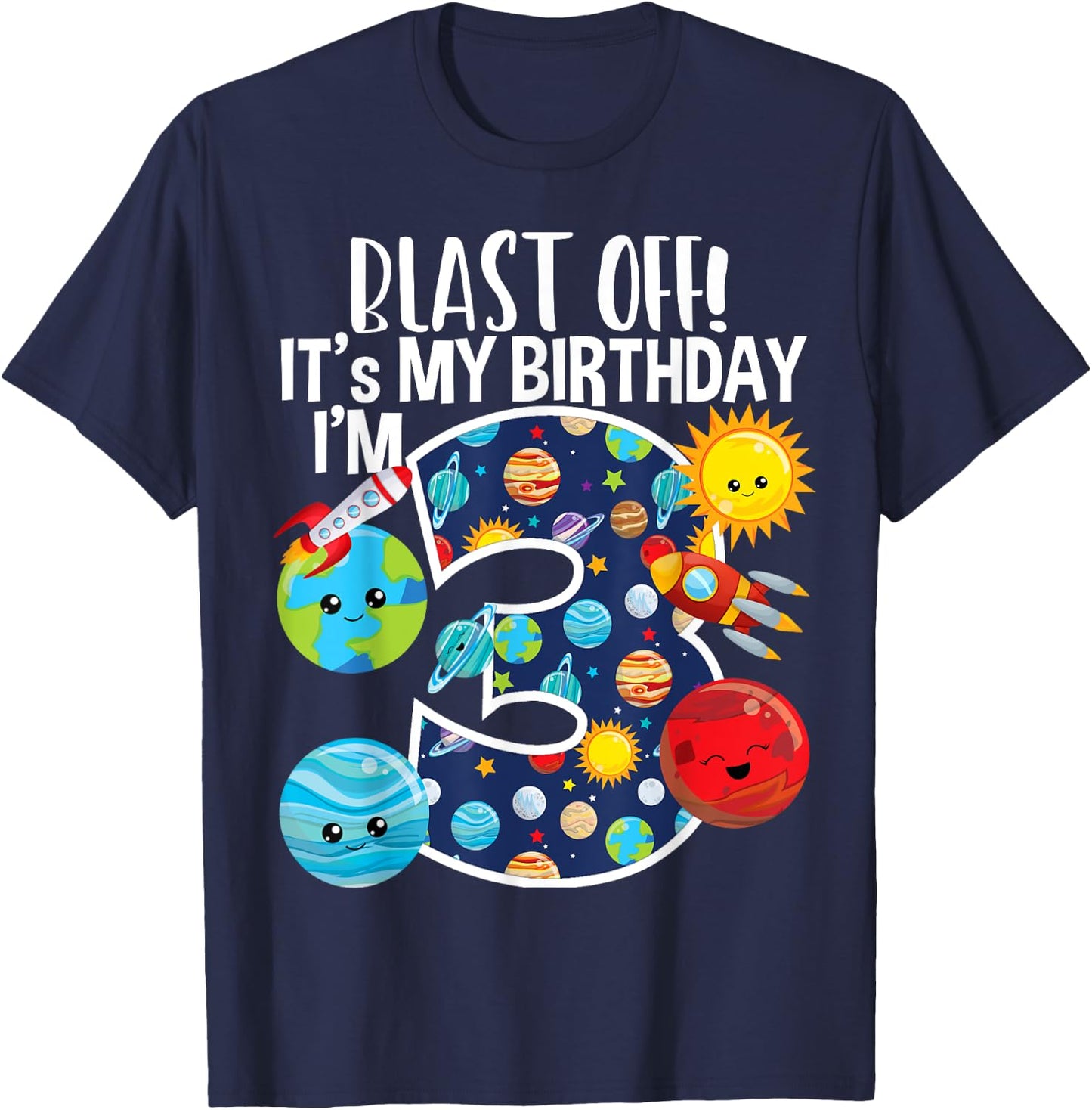 Space Planets Funny Solar Space 3rd Birthday Party 3 Yrs Old T-Shirt - T-Shirt | Navy