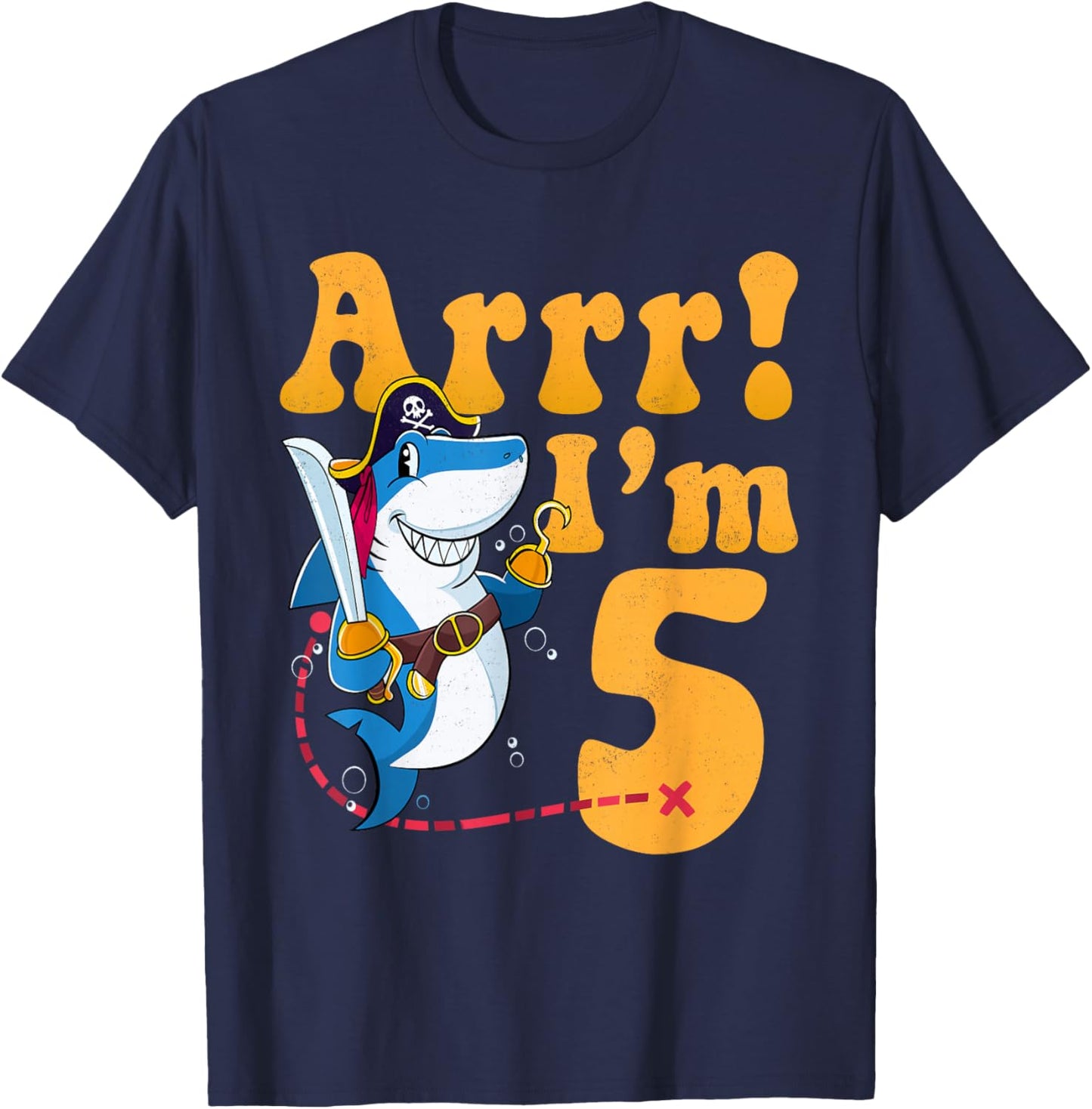 Kids 5th Shark Pirate Birthday Party 5 Five Years Old Boys T-Shirt - T-Shirt | Navy