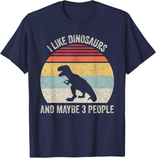 Vintage Retro I Like Dinosaurs & Maybe 3 People Funny T-Rex T-Shirt - T-Shirt | Navy