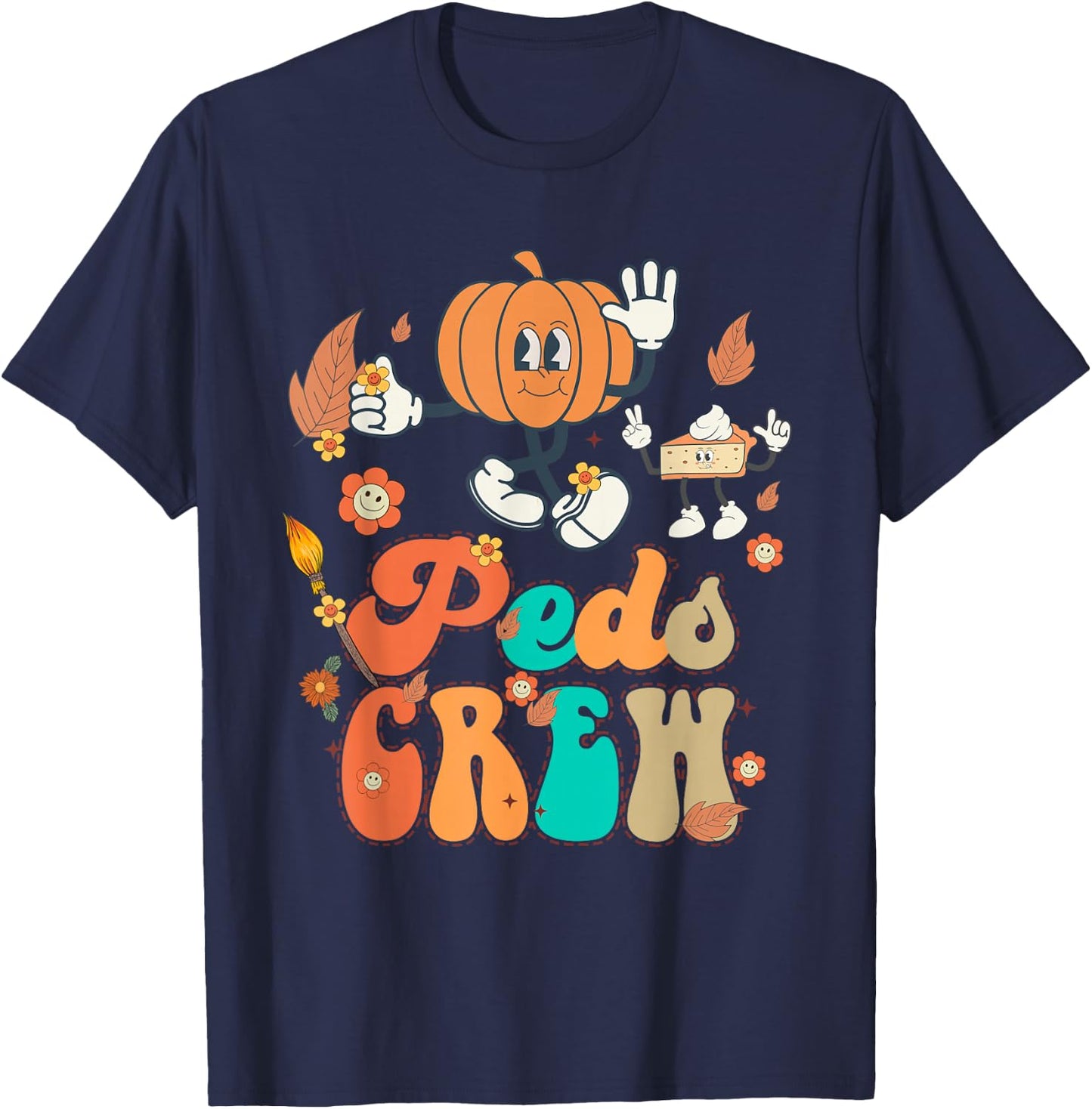 PEDS Crew Pumpkin Thanksgiving Fall Pediatric Nurse Retro T-Shirt - T-Shirt | Navy
