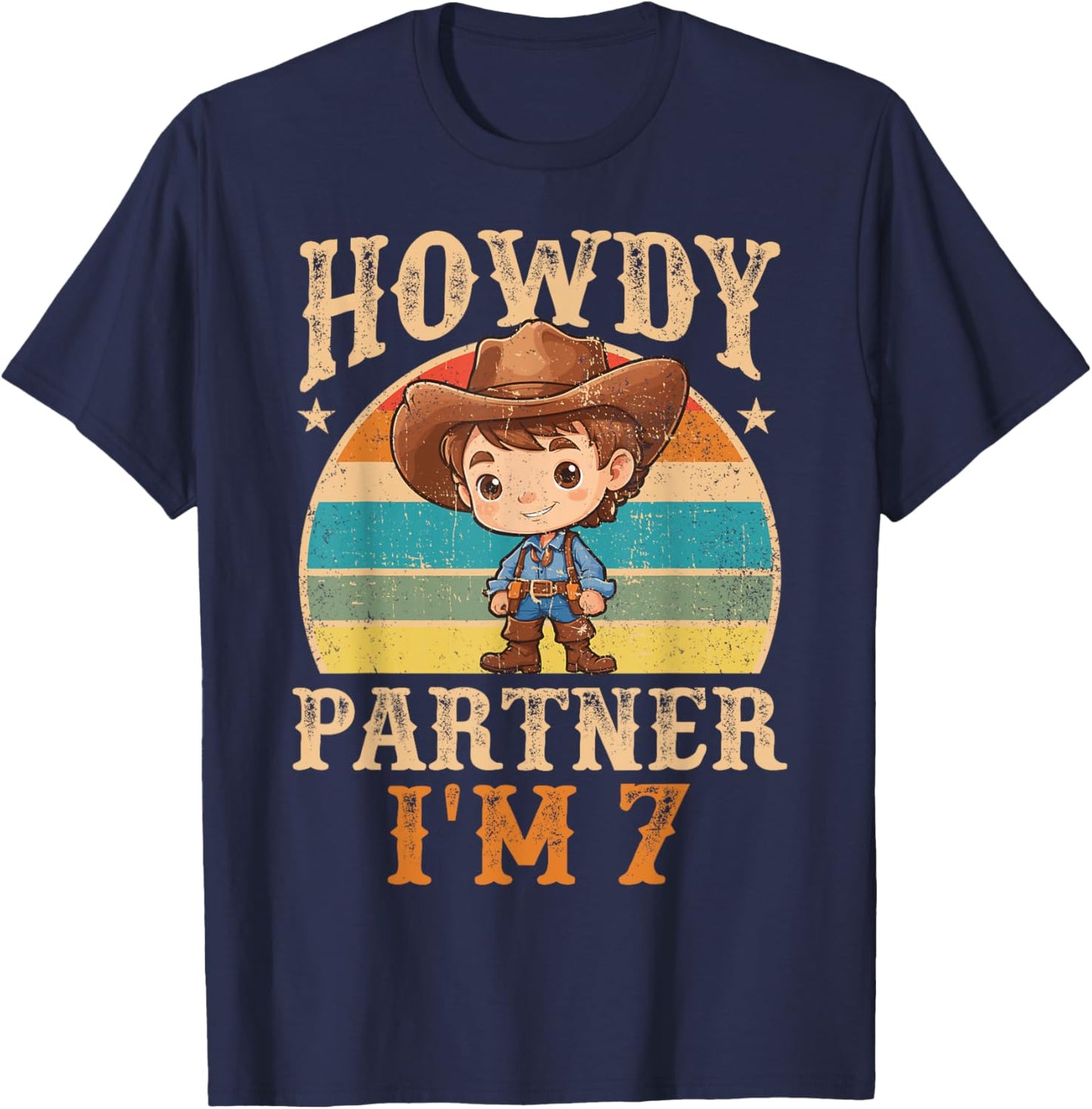 Howdy Partner I'm 7 Cowboy 7th Birthday Country Western Boy T-Shirt - T-Shirt | Navy