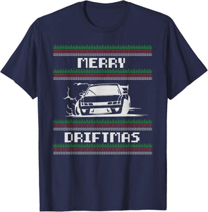 Christmas Ugly Sweater Pun - Merry Driftmas Car Drift Racer T-Shirt - T-Shirt | Navy