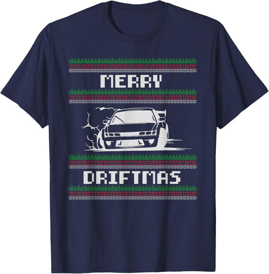 Christmas Ugly Sweater Pun - Merry Driftmas Car Drift Racer T-Shirt - T-Shirt | Navy