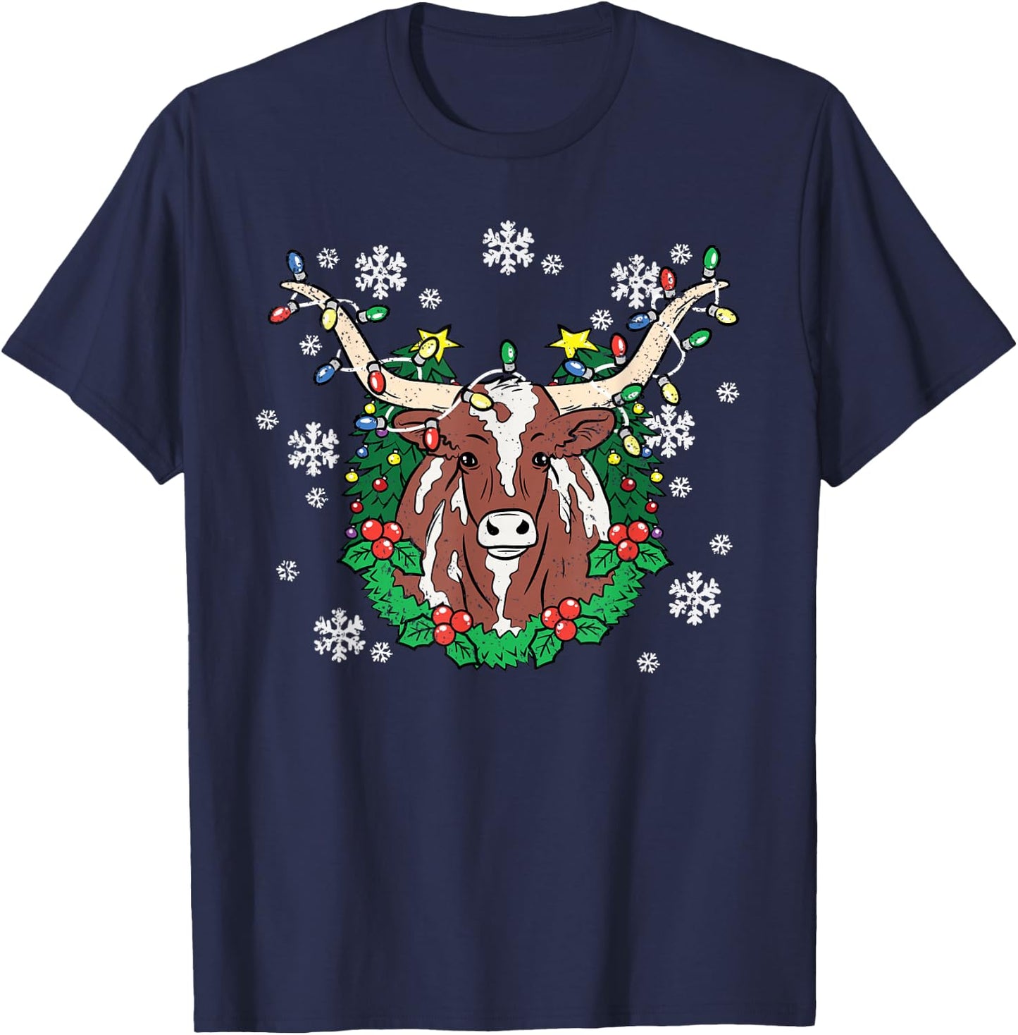 Texas Longhorn Christmas Pajama X-mas Lights Snowflakes T-Shirt - T-Shirt | Navy