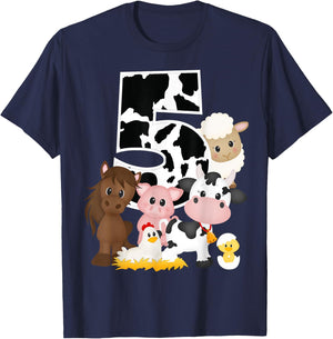 5th Birthday Farm Theme Birthday Gift 5 Years Old Toddler Kids T-Shirt - T-Shirt | Navy