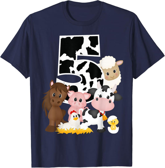 5th Birthday Farm Theme Birthday Gift 5 Years Old Toddler Kids T-Shirt - T-Shirt | Navy