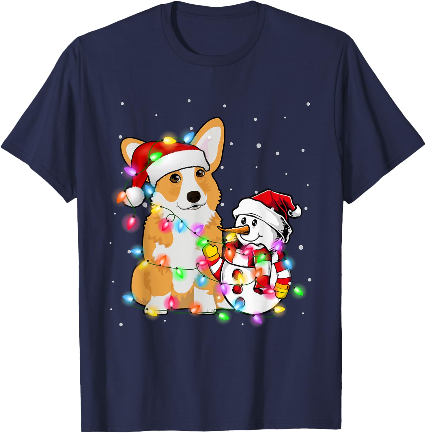 Funny Corgi Dog Christmas Snowman Xmas Lights Pajama T-Shirt - T-Shirt | Navy