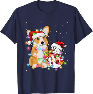Funny Corgi Dog Christmas Snowman Xmas Lights Pajama T-Shirt - T-Shirt | Navy
