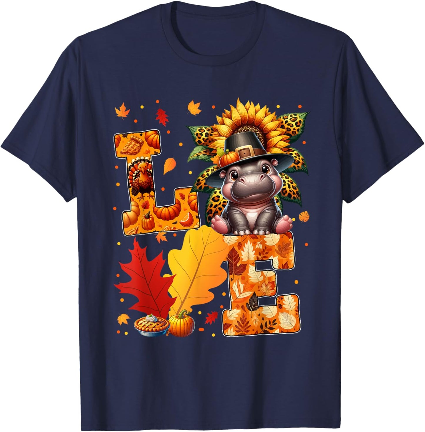 LOVE Thanksgiving Hippo Costume Fall Leaves Sunflower T-Shirt - T-Shirt | Navy