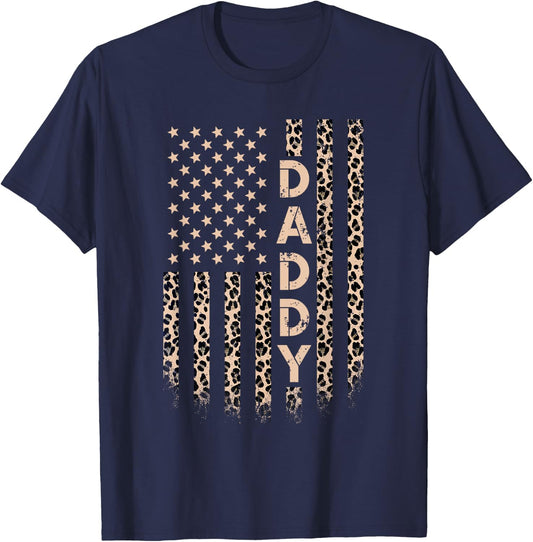 Daddy American Flag USA Leopard Print Dad T-Shirt - T-Shirt | Navy