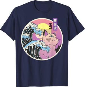 Retro Great Wave Japanese Vaporwave Cat 90's Aesthetic Gift T-Shirt - T-Shirt | Navy