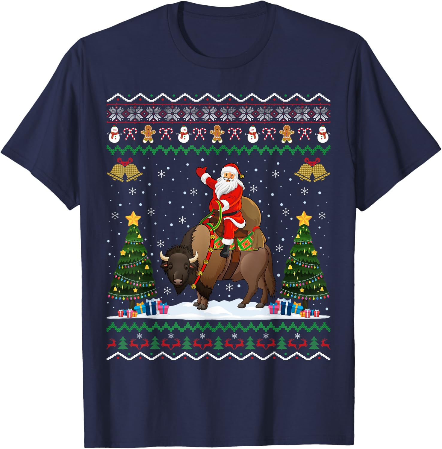 Bison Ugly Xmas Gift Santa Riding Bison Christmas T-Shirt - T-Shirt | Navy