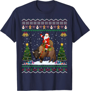 Bison Ugly Xmas Gift Santa Riding Bison Christmas T-Shirt - T-Shirt | Navy