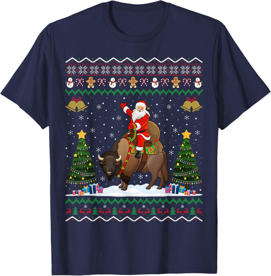 Bison Ugly Xmas Gift Santa Riding Bison Christmas T-Shirt - T-Shirt | Navy