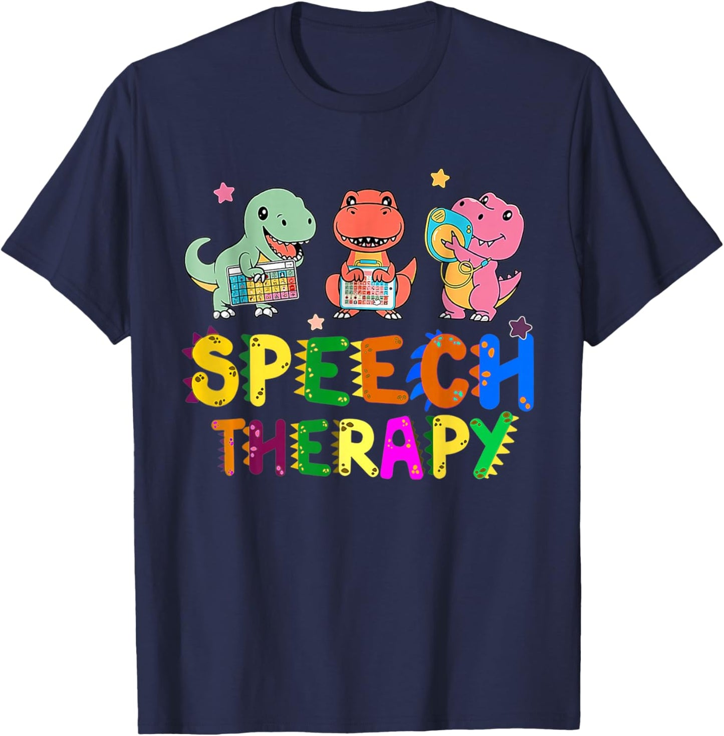 Speech Therapy Cute Dinosaur Gifts -Adult Black Small Short Sleeve Cartoon Cute Dinosaur-Theme T-Shirt - T-Shirt | Navy