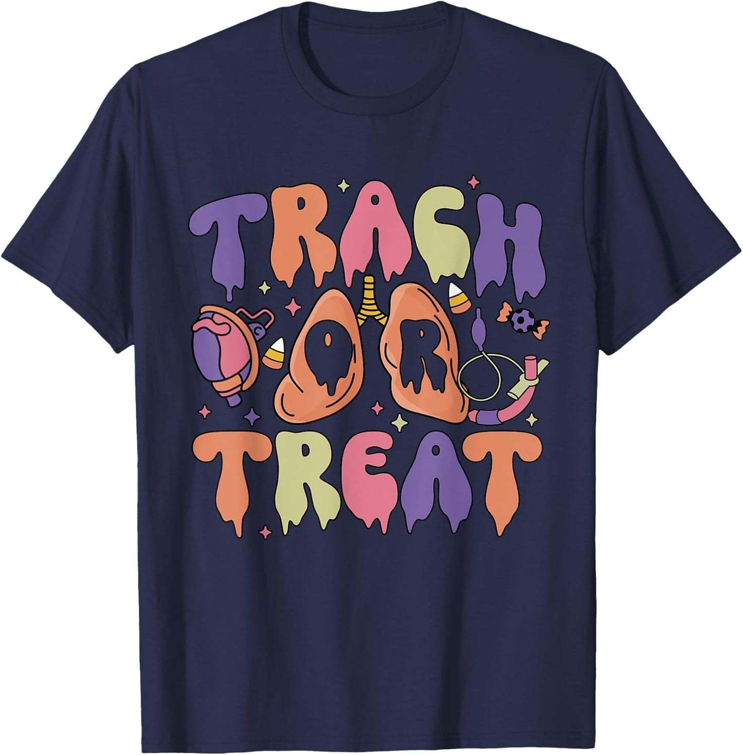 Retro Nurse Respiratory Therapist Halloween Trach or Treat T-Shirt - T-Shirt | Navy