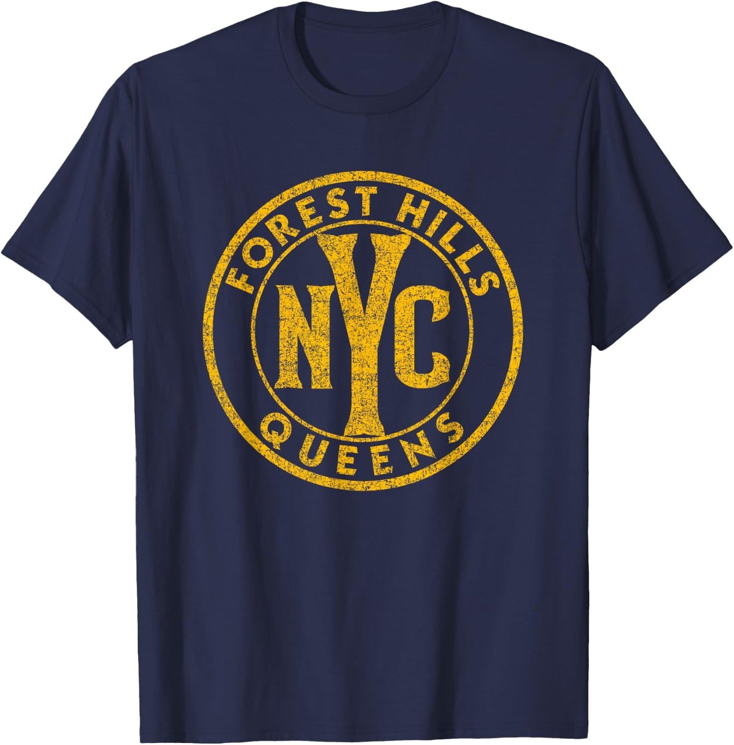 Forest Hills Queens NYC Circle Sign Distressed Amber Print T-Shirt - T-Shirt | Navy