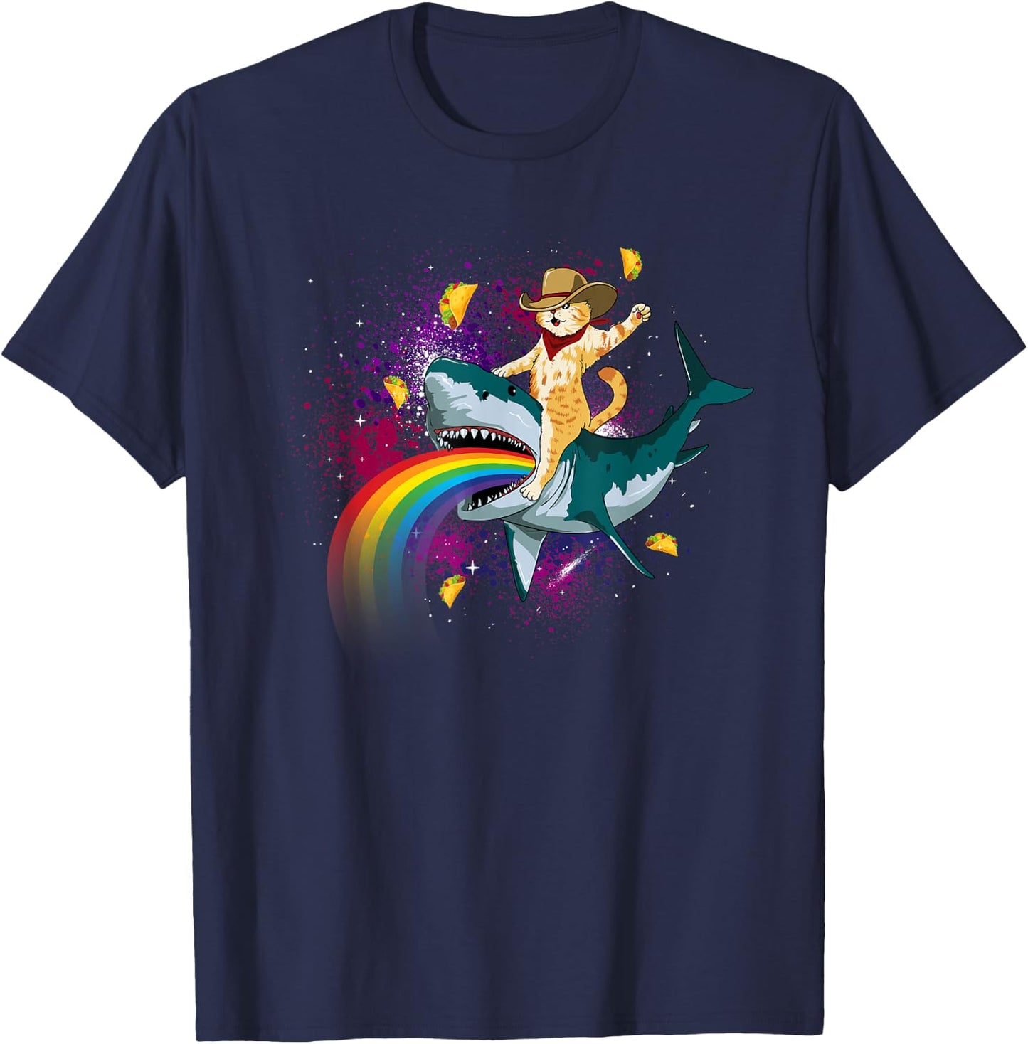 Western Cowboy Cat Riding A Shark In Taco Space Rainbow T-Shirt - T-Shirt | Navy