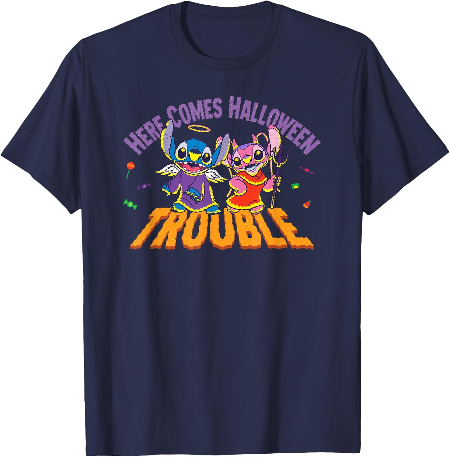 Disney Stitch & Angel Here Comes Halloween Trouble T-Shirt - T-Shirt | Navy