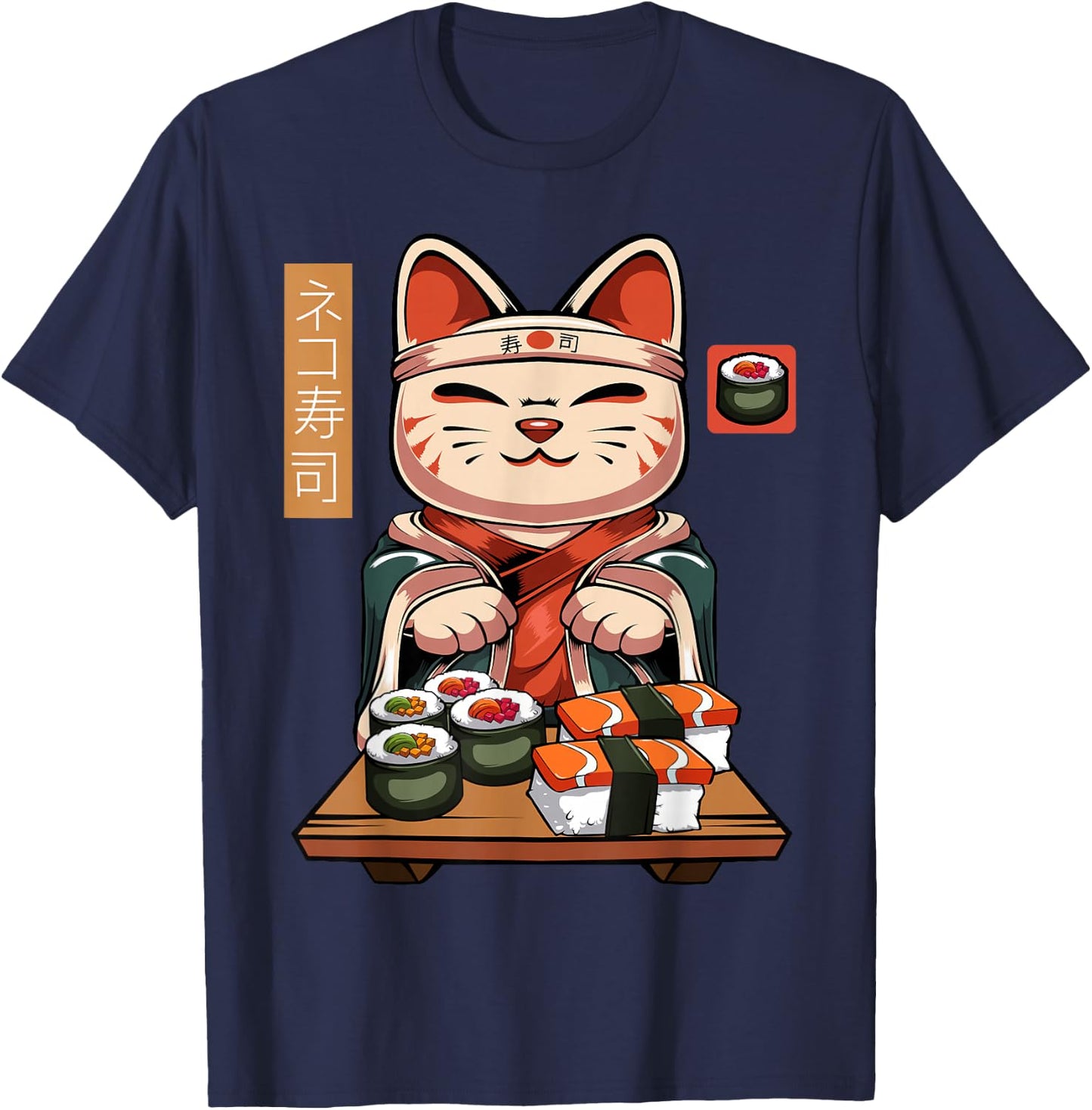 Kawaii Maneki Neko Sushi Cat - Cute Nigiri Sashimi Maki Chef T-Shirt - T-Shirt | Navy
