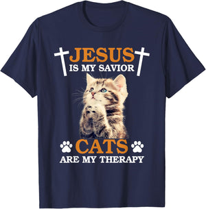 Jesus is My Savior Cat are My Therapy Christians Cat Lover Men Women T-Shirt - T-Shirt | Navy