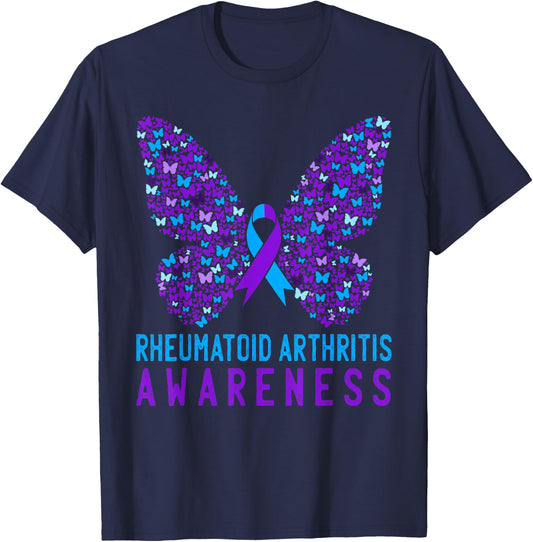 Butterfly Rheumatoid Arthritis Awareness RA Ribbon Support T-Shirt - T-Shirt | Navy