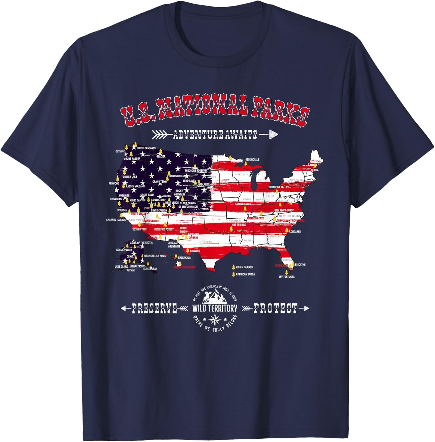 63 National Parks Map - Vintage American Flag Hiking Camping T-Shirt - T-Shirt | Navy