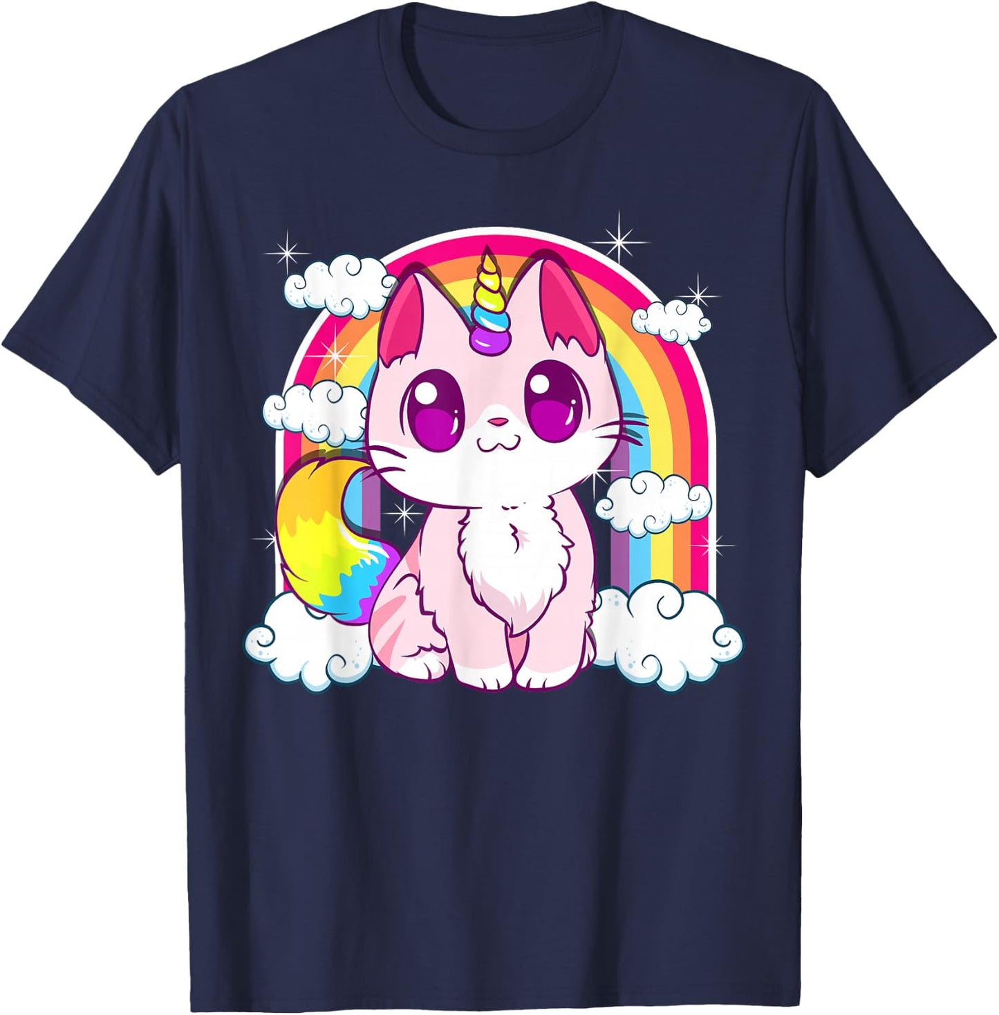 Cute Unicorn Cat Adorable Smiling Rainbow Kitty T-Shirt - T-Shirt | Navy