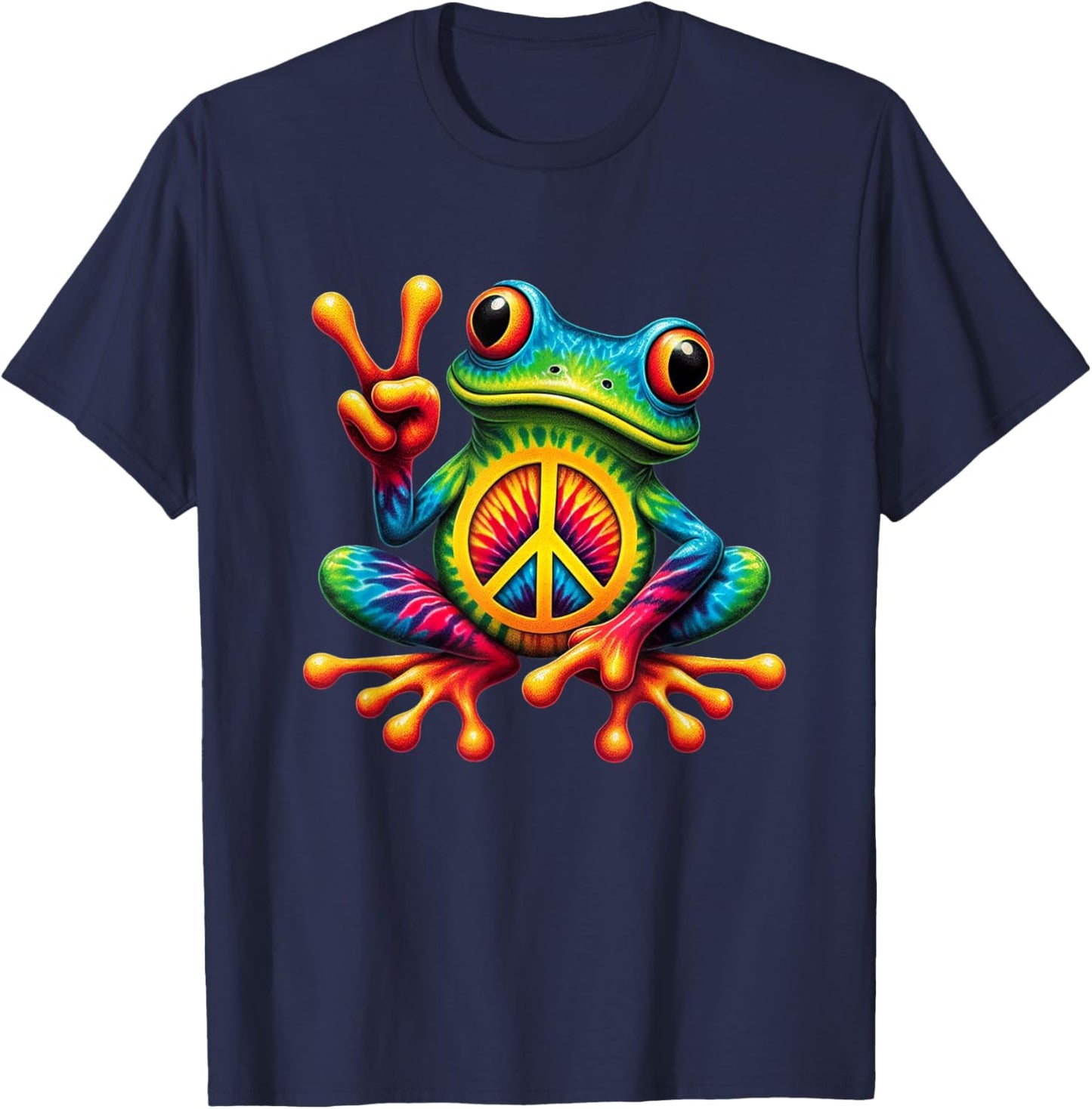 Tie-Dye Frog Holding Peace Sign Funny Hippie T-Shirt - T-Shirt | Navy