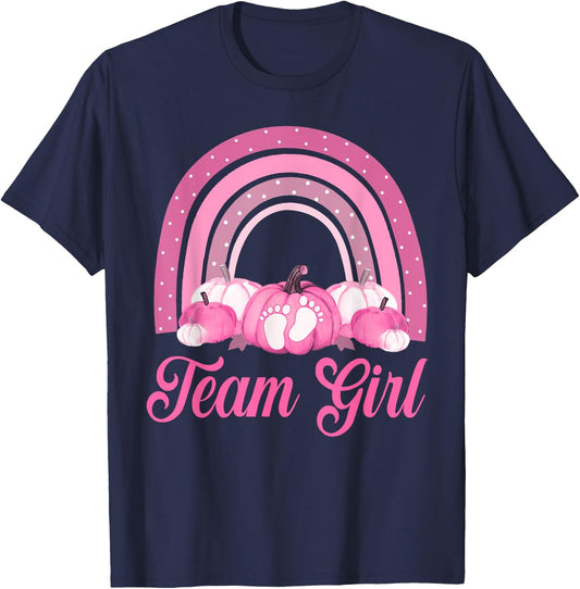 Rainbow Pumpkin Team Girl Gender Reveal Baby Announcement T-Shirt - T-Shirt | Navy