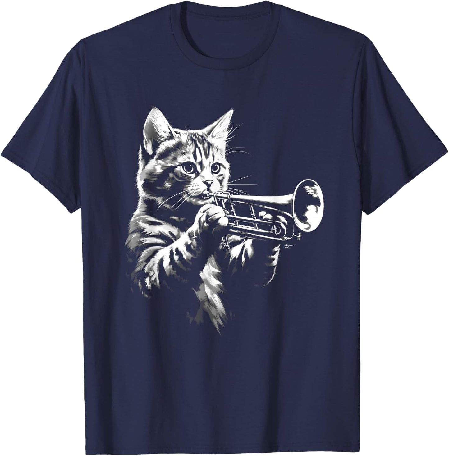 Cat Playing Trumpet Vintage Jazz Musician Trumpeter T-Shirt - T-Shirt | Navy