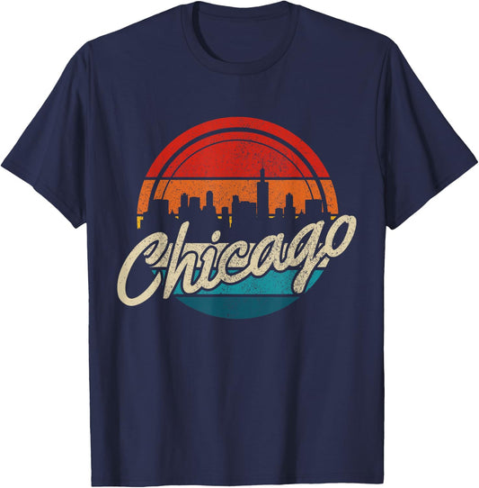 Chicago Illinois Vintage Skyline USA America Souvenir T-Shirt - T-Shirt | Navy